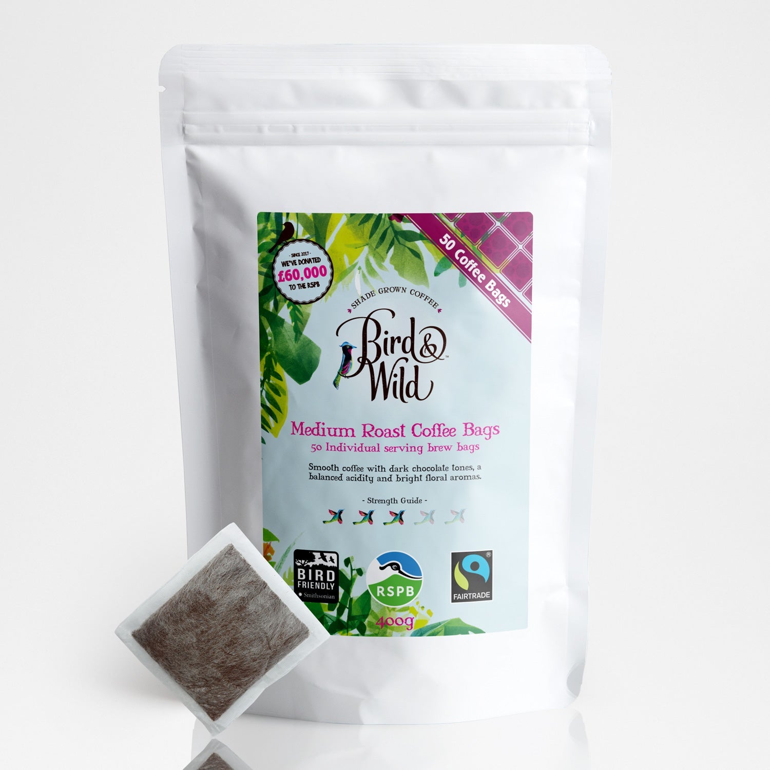 Medium Roast Fairtrade Organic Coffee Bags 400g by Bird & Wild