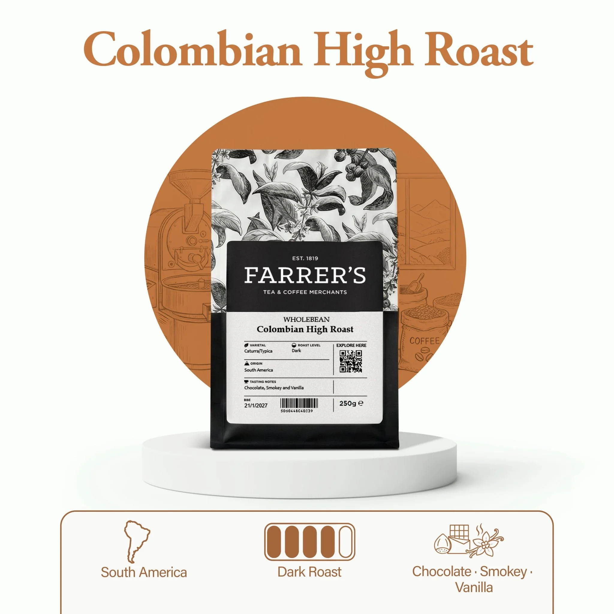 Colombian High Roast Coffee by Farrers Coffee